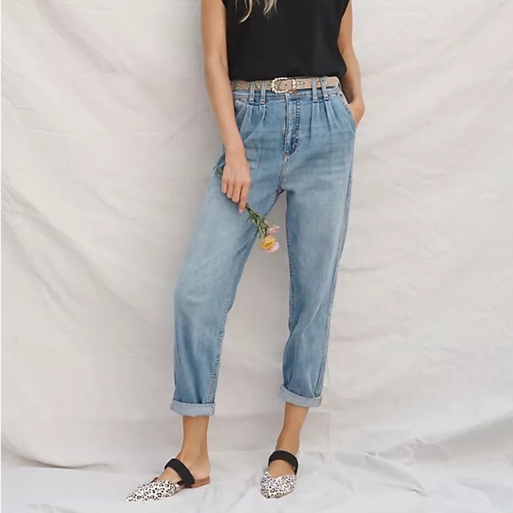 Pilcro Anthropologie High Rise Classic Pleated Straight Leg Blue Size 24 Petite